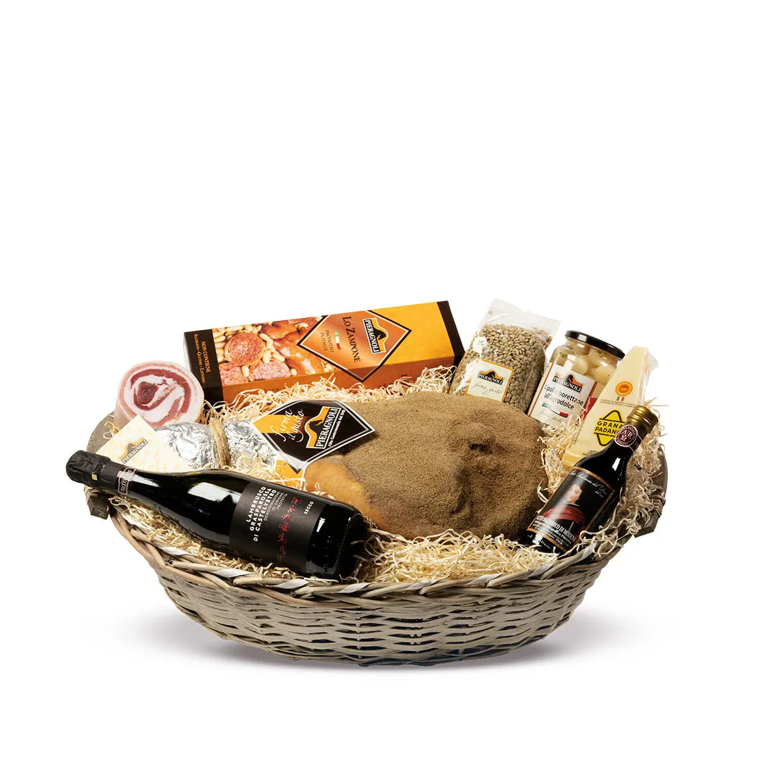 Cesta regalo con Grana Padano, aceto balsamico, zampone e Lambrusco