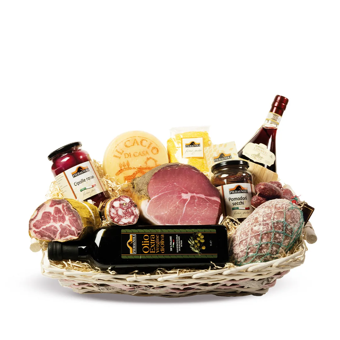 Cesta regalo con Chianti in fiasco, capocollo e polenta