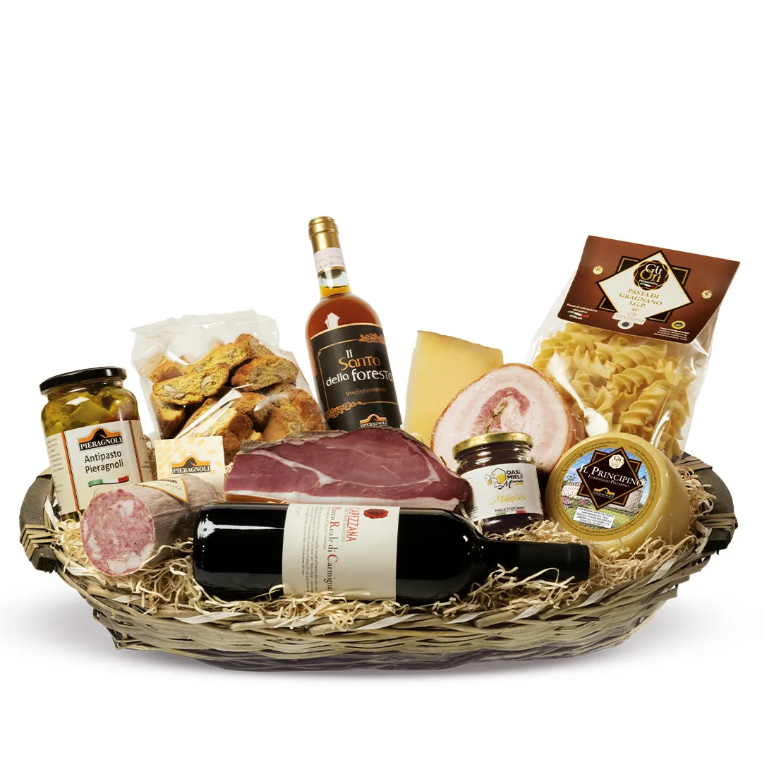 Cesta regalo con mortadella, miele e vino della Val di Bisenzio
