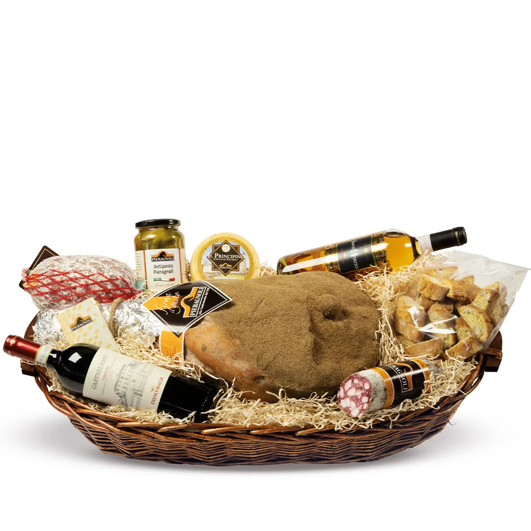 Cesta regalo con Chianti, prosciutto, pecorino e biscotti alla mandorla