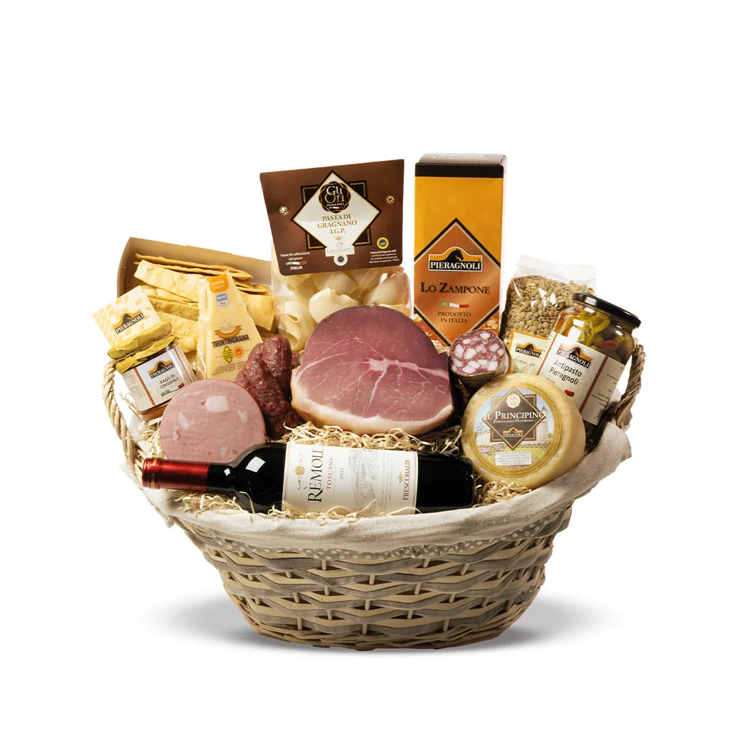 Cesta regalo natalizia con prosciutto, salumi, zampone e formaggi