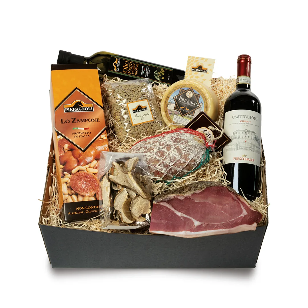 Confezione regalo natalizia con zampone, lenticchie e Chianti DOCG