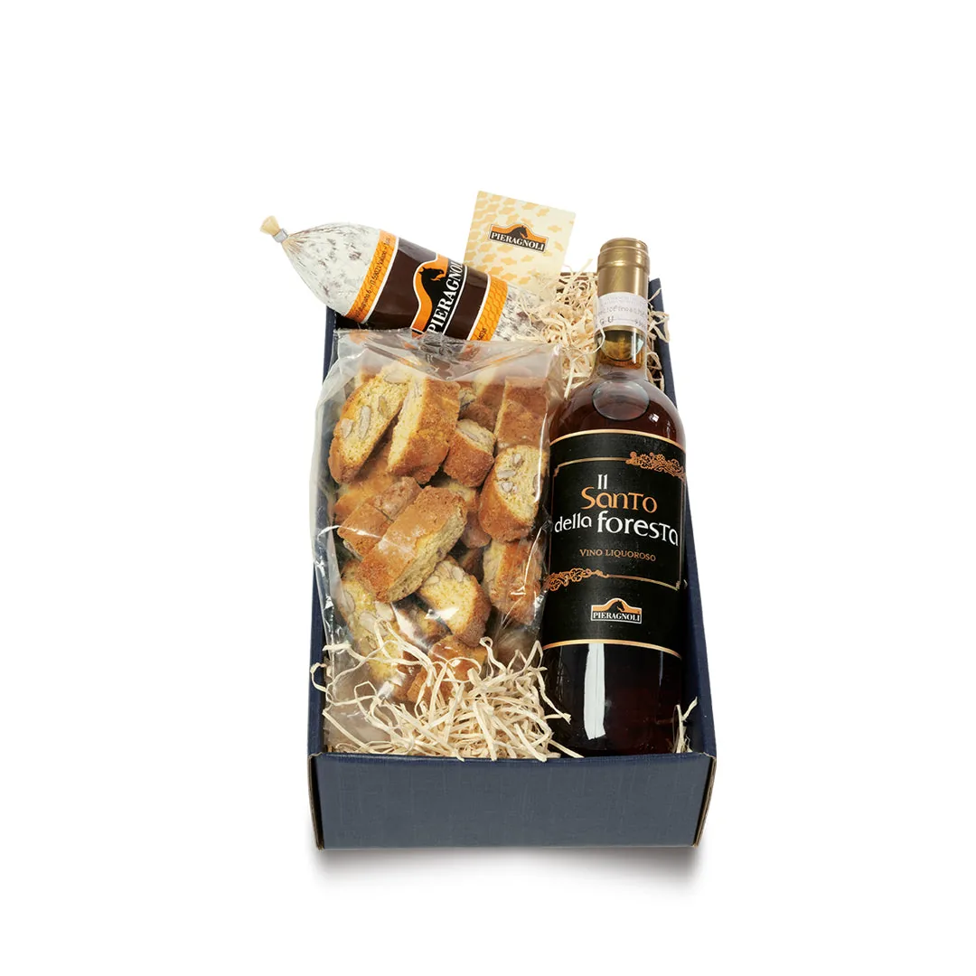 Confezione regalo con salame toscano, biscotti alla mandorla e vino liquoroso